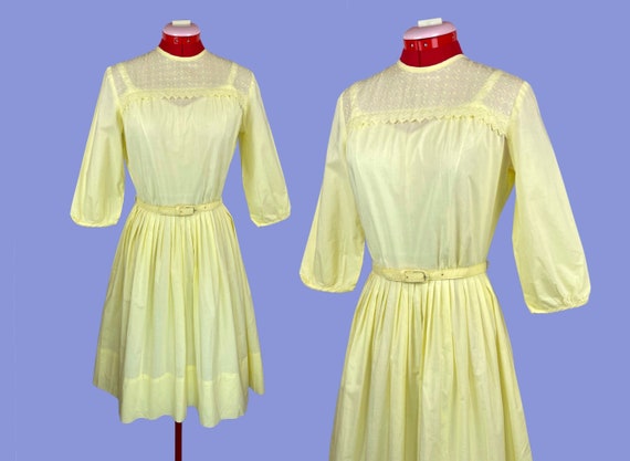 1950s Vintage Pastel Yellow Belted Cotton Fit and… - image 1