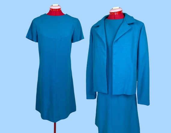 1960s Vintage Blue Wool Mod Shift Dress Suit 2-Pi… - image 1