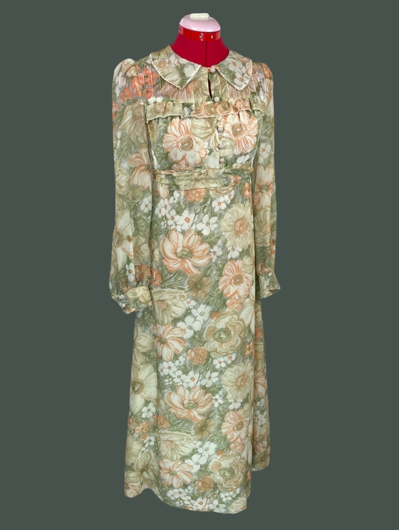 VINTAGE 60s 70s PASTEL PINK BLUE GREEN FLORAL PRINT MIDI TIE NECK DRESS 10 12