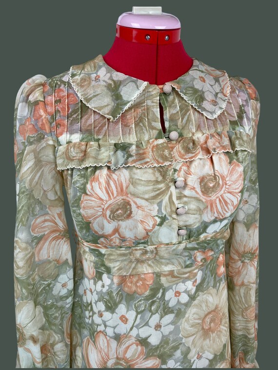 VINTAGE 60s 70s PASTEL PINK BLUE GREEN FLORAL PRINT MIDI TIE NECK DRESS 10 12 main image 0