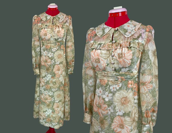 VINTAGE 60s 70s PASTEL PINK BLUE GREEN FLORAL PRINT MIDI TIE NECK DRESS 10 12 main image 1