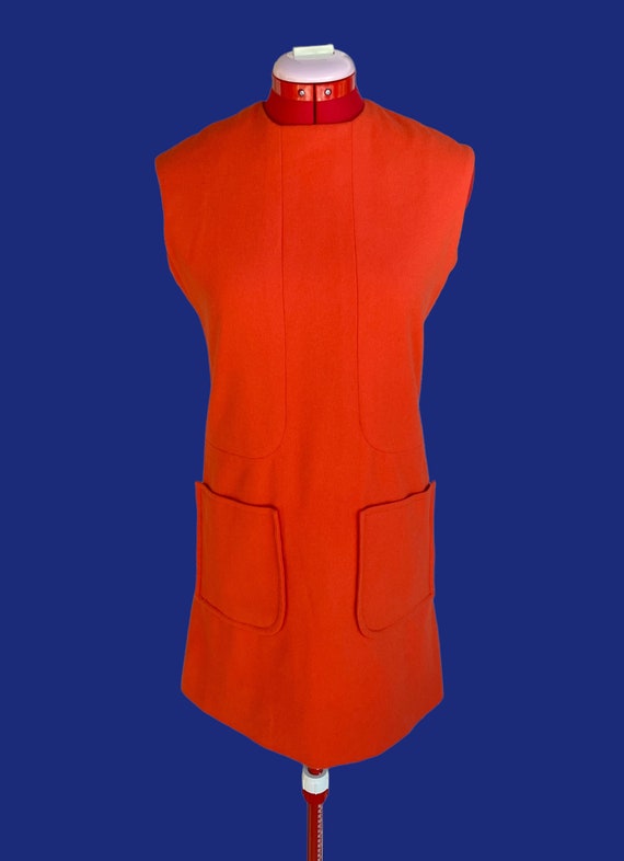 1960s Vintage Orange Mod Wool GoGo Shift Mini Dre… - image 8