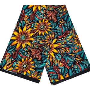 Yellow Floral Ankara Fabric: African Wax Print Cotton, 45" Wide