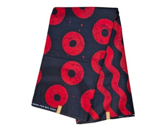 African Ankara Fabric, Red Circle & Wave Wax Print, 100% Cotton