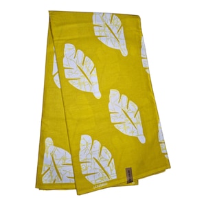 African Ankara Fabric, Mustard Yellow Leaf Print, 100% Cotton Wax Material