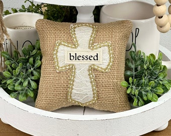 6” Burlap Cross Mini Pillow