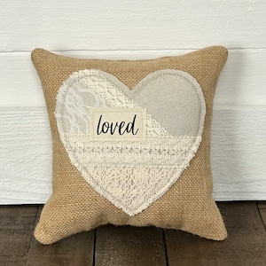 Loved Heart Burlap Pillow 10”