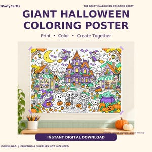 Op de afbeelding: Een gigantische Halloween kleurposter met een spookhuis, heksen, geesten, een skelet en een mummie. De tekst luidt: PerfectPartyCarfts, THE GREAT HALLOWEEN COLORING PARTY, Print, Color, Create Together en INSTANT DIGITAL DOWNLOAD.
