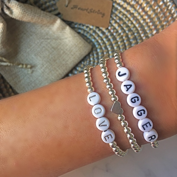 STERLING SILVER Personalized Bracelets | 925 Sterling Silver Beaded Bracelets | Word Bracelets |  Custom Bracelets | Women's Bracelets