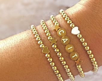 14K Gold Filled Everyday Bracelets, Minimalist Bracelet, Love Jewelry, Heart Bracelet, Star Bracelet Women's Gold Beaded Bracelet