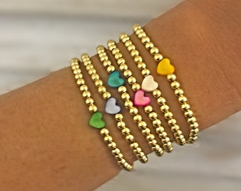 14K GOLD FILLED HEART Bracelets | Mother of Pearl Shell Colorful Heart Bracelets | Waterproof Gold Stacking Bracelets |