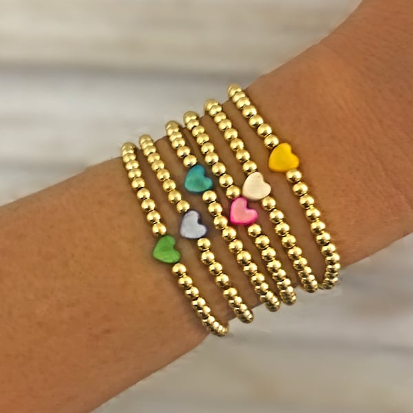 14K GOLD FILLED HEART Bracelets | Mother of Pearl Shell Colorful Heart Bracelets | Waterproof Gold Stacking Bracelets |