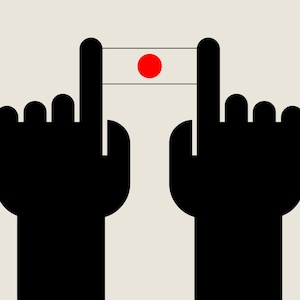 May include: Two hands holding up a white rectangle with a red circle in the centre, representing the Japanese flag.