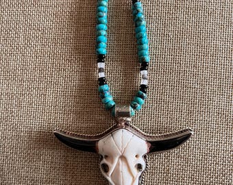 Bone cow skull necklace with turquoise, onyx, moonstone and silver obsidian