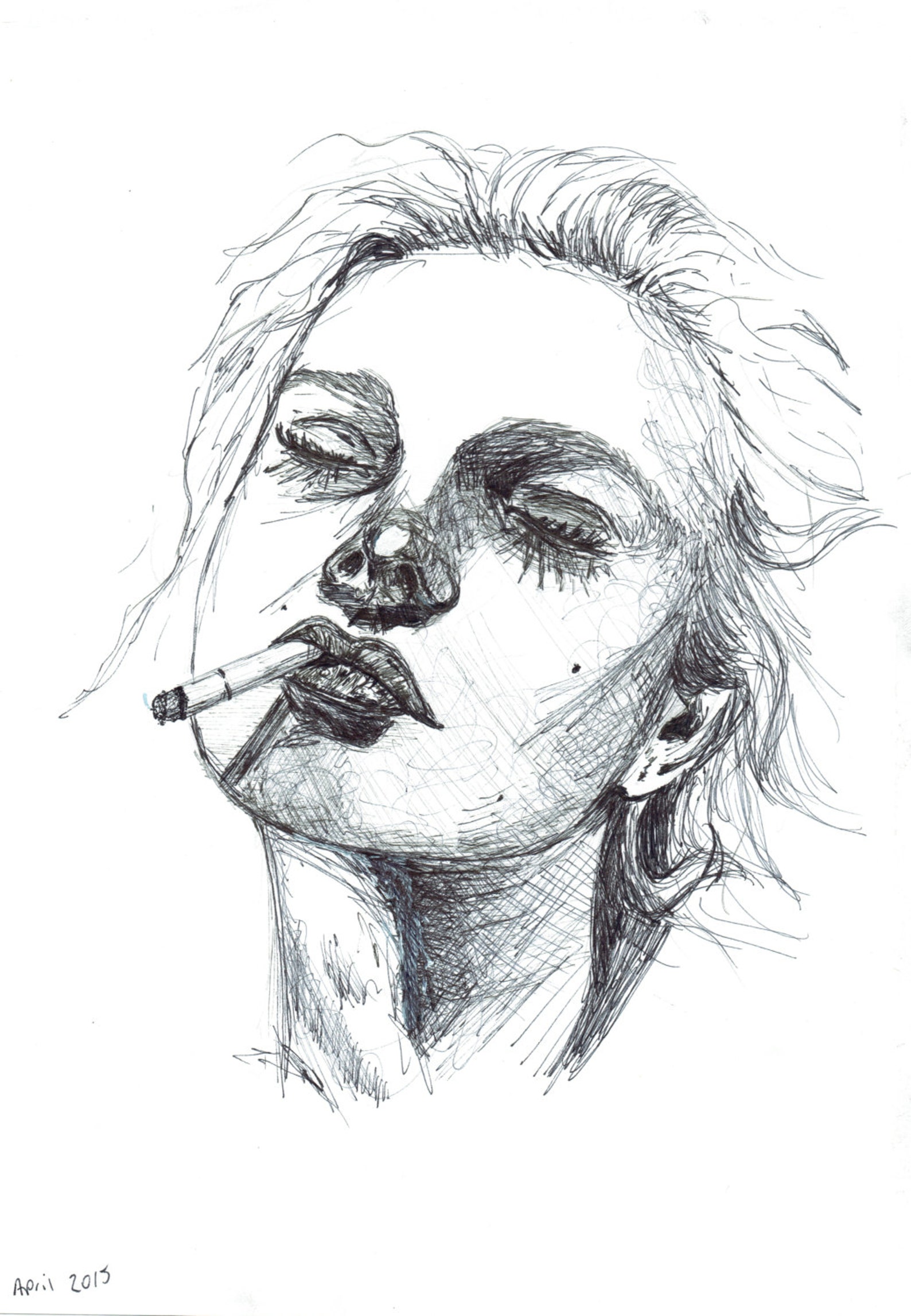 Pen Line Drawing of Woman Smoking Female Smoking Art Print - Etsy