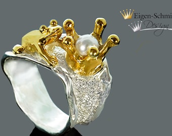 Frogring " frog with crown " in 925 sterling silver with a partial gold-plating, frog, crown, silverring, frogking, pearl, ring,