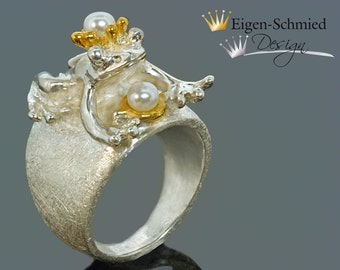 Frogring, "Frogking Paulchen" in 925 Sterling Silver with a partial gold-plating