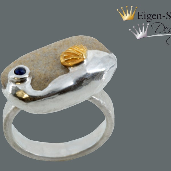 Goldschmiede Silberring "lonely clam" in 925 Sterling Silber, Silberschmuck mit Ostseestein, Steinschmuck, Edelstein, Meerliebe, Unikat