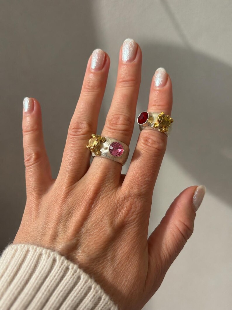 Frogring " frog Lotta " in 925er sterling silver with partial gold-plating, frog, swarovski, pink, christmas, silverring, gold, surprice image 6