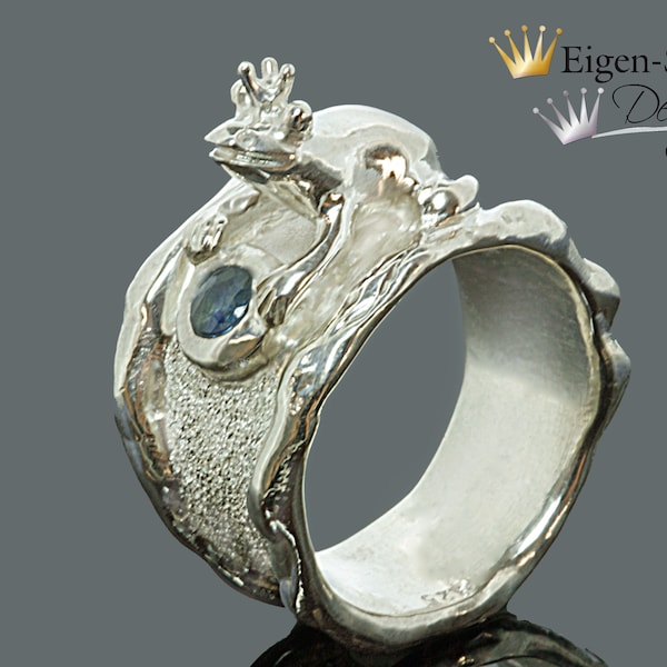 Bague grenouille orfèvre « à couronner roi », argent sterling 925, roi grenouille, grenouille, bague en argent, saphir, bijoux en saphir, idée cadeau