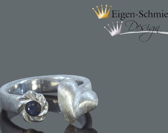 Silverring "with love" , heart, love, ring with sapphire, handmade, silverring, ring woman,