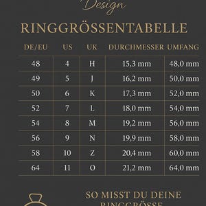 May include: A dark gray ring size chart titled Eigen-Schmied Design RINGGR&Ouml;SSENTABELLE. It lists DE/EU, US, and UK sizes alongside diameter and circumference measurements in millimeters. A line drawing of a ring with a measuring tape is at the bottom.