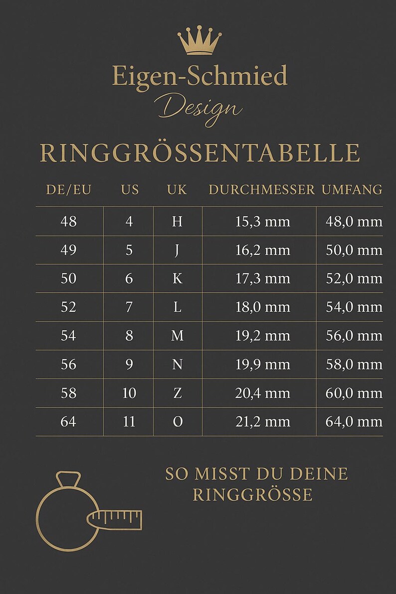 May include: A dark gray ring size chart titled Eigen-Schmied Design RINGGR&Ouml;SSENTABELLE. It lists DE/EU, US, and UK sizes alongside diameter and circumference measurements in millimeters. A line drawing of a ring with a measuring tape is at the bottom.