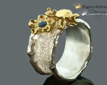 Goldschmiede Froschring, " Frosch mit Blume " in 925 Sterling Silber, Silberschmuck, Ring, Geschenkidee, Unikat, Frosch