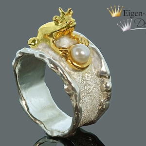 Frogring &quot; frogking with pearl &quot;, in 925er sterling silver with a partial gold-plating, frogking, silverring, pearl, christmas, crown, ring