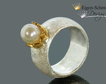 Perlenring " to be crowned pearl", Ring, Silberring, Krone, Perle, Liebe, Silberschmuck, Goldschmiedearbeit, breiter Silberring, mit Perle