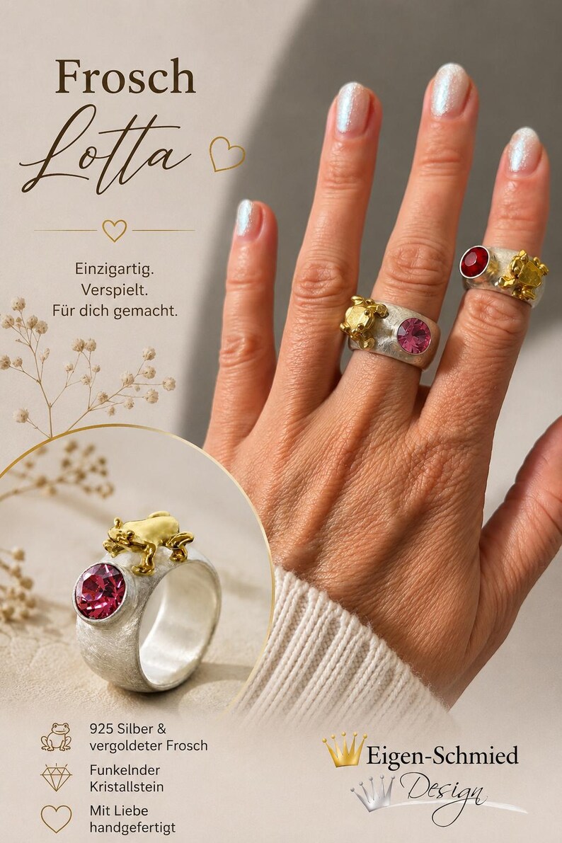 May include: Two silver rings with a textured finish, each featuring a gold-toned frog figure and a round faceted crystal. One ring has a pink crystal, and the other has a red crystal. The text Frosch Lotta, Einzigartig. Verspielt. F&uuml;r dich gemacht. 925 Silber & vergoldeter Frosch, Funkelnder Kristallstein, Mit Liebe handgefertigt, Eigen-Schmied Design is visible.