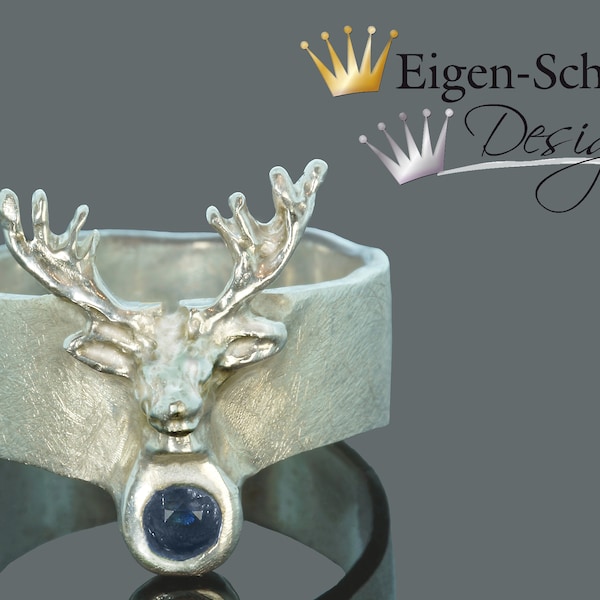 Goldschmiede Silberring "deer", Hirsch, Geweih, Hirschgeweih, Saphir, Saphirschmuck, Ring, Ringe, Valentinstag, Ostern, Schmuck, Accesoirs