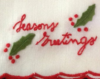 New Unused Vintage, Old Stock, Seasons Greetings with Holly, White Linen Cocktail Napkins, Hand Embroidered in Madeira