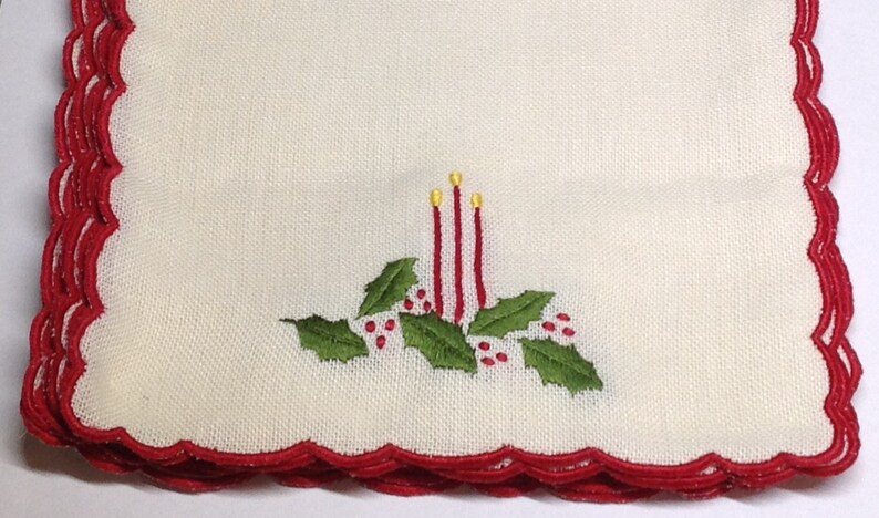 Vintage New Unused Old Stock Linen Red Candles /& Green Holly Cocktail Napkins with Red Scallop Edges Hand Embroidered in Madeira