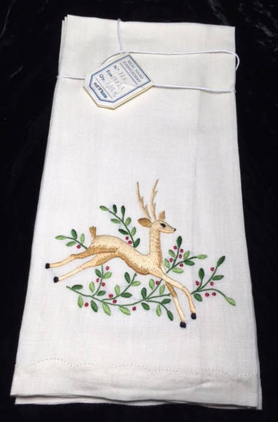 Reindeer Christmas Vintage Madeira Embroidered Linen Guest Towels Set of 2