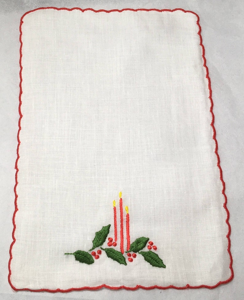 Vintage New Unused Old Stock Linen Red Candles /& Green Holly Cocktail Napkins with Red Scallop Edges Hand Embroidered in Madeira