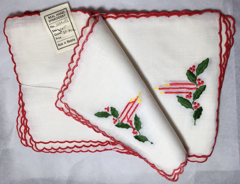 Vintage New Unused Old Stock Linen Red Candles /& Green Holly Cocktail Napkins with Red Scallop Edges Hand Embroidered in Madeira