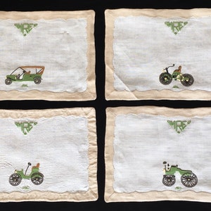 New Unused, Vintage, Old Stock, Monogram, Automobile Linen Cocktail Napkins (Set of 4) Hand Embroidered in Madeira