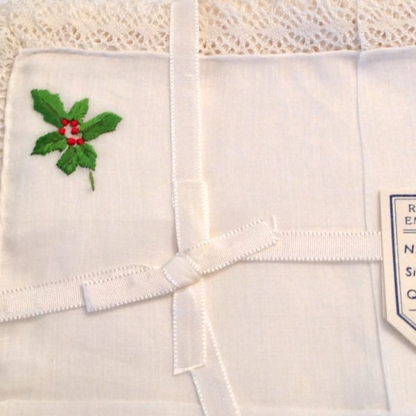 New Unused, Vintage, Old Stock, hand embroidered cotton and lace, Holiday Handkerchiefs made in Madeira