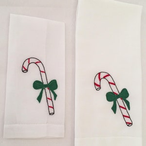 New Unused, Vintage, Old Stock, Red & White Candy Cane with a Green Bow Terylene Guest Towel Sets Hand Embroidered in Madeira