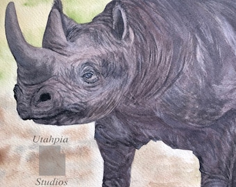 8" x 10" African Black Rhino Africa safari original one of a kind watercolor painting Kenya Masai Mara (also available in Giclee Print)
