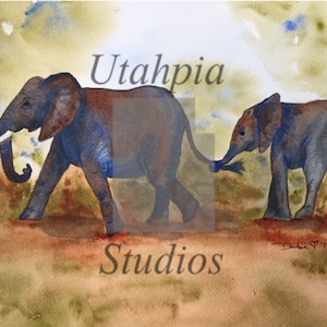 5 &quot;x 7&quot; elefante mamá y adolescente Ghana África Giclee Imprimir acuarela african salvaje safari gris elefantes grises Dumbo