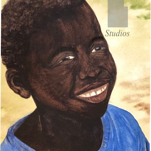 Original one-of-a-kind watercolor painting Kenya Africa African village boy Kenyan child blue shirt (also available in Giclee Print) 8 x 10