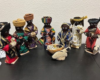 African Ghana Africa cosido a mano hecho a mano completo NATIVITY Christmas Creche set 8 piezas tela coleccionable Kente tela ghanesa textil