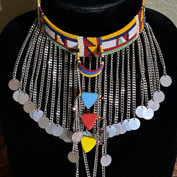 African jewelry beaded colorful draping dangling necklace choker handmade Maasai Masai Mara Kenya Africa bright ornate ceremonial decoration