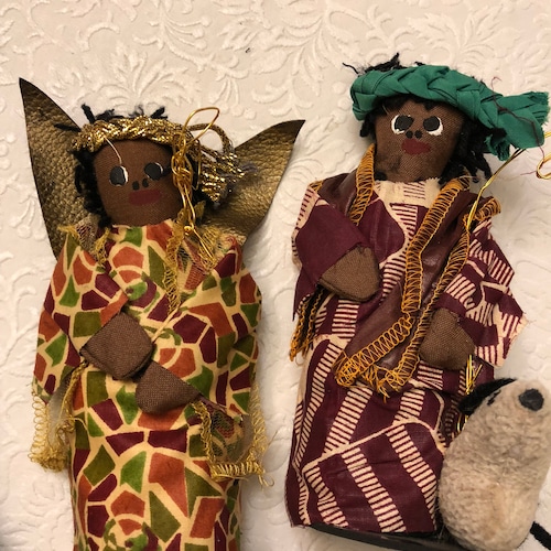 African Ghana Africa handsewn handmade complete NATIVITY Christmas Creche set 8 piece fabric collectible order