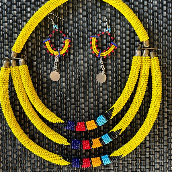 Maasai Masai Mara African jewelry beaded colorful draping necklace + earrings handmade Kenya Africa bright yellow ceremonial decoration