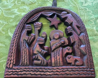 African Africa hand carved wood complete 1 piece flat NATIVITY Christmas Creche collectible handcarved in Kenya Africa