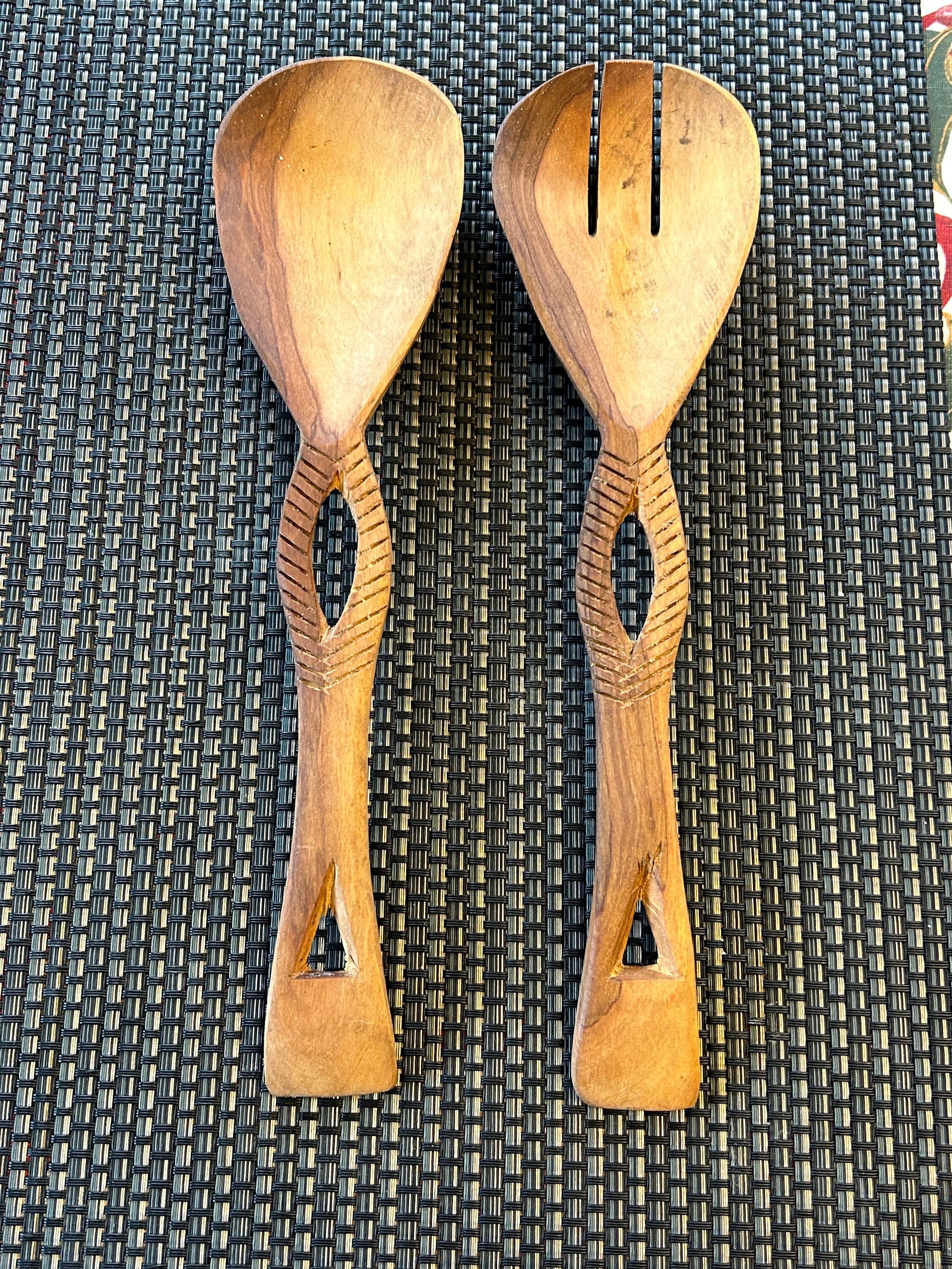 Unique Hand-carved African Solid Olive Wood Wooden Salad Spoons Tongs ...