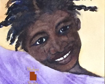 Ghana Africa African village girl young woman with purple cloth Giclee Print of our one-of-a-kind watercolor painting